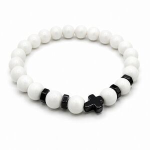 White Beaded Stretch Bracelet Black Cross Charm Unisex Christian Faith Jewelry